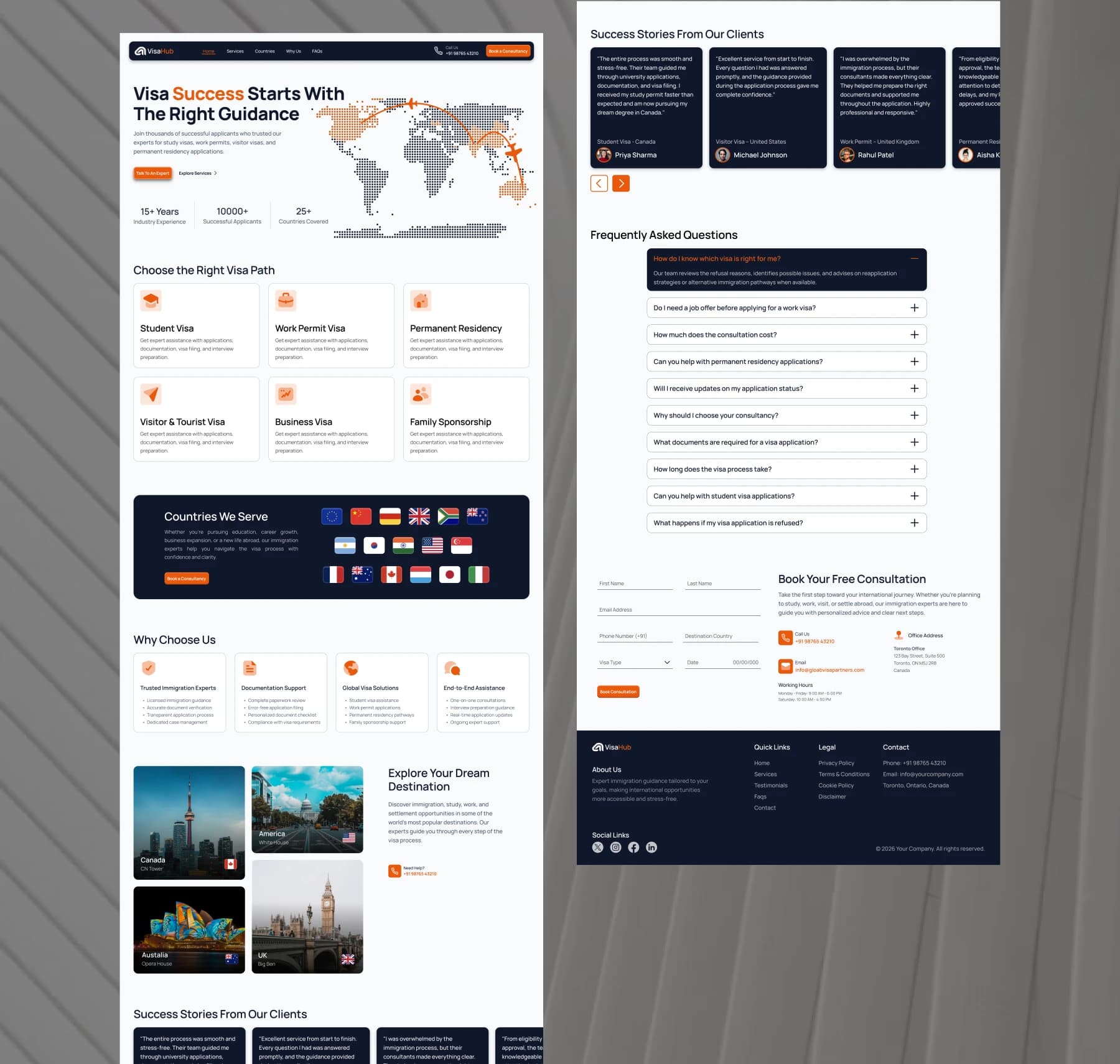 Dark landing page design headlined “Visa Success Starts With The Right Guidance”, with a world map, service cards and testimonials
