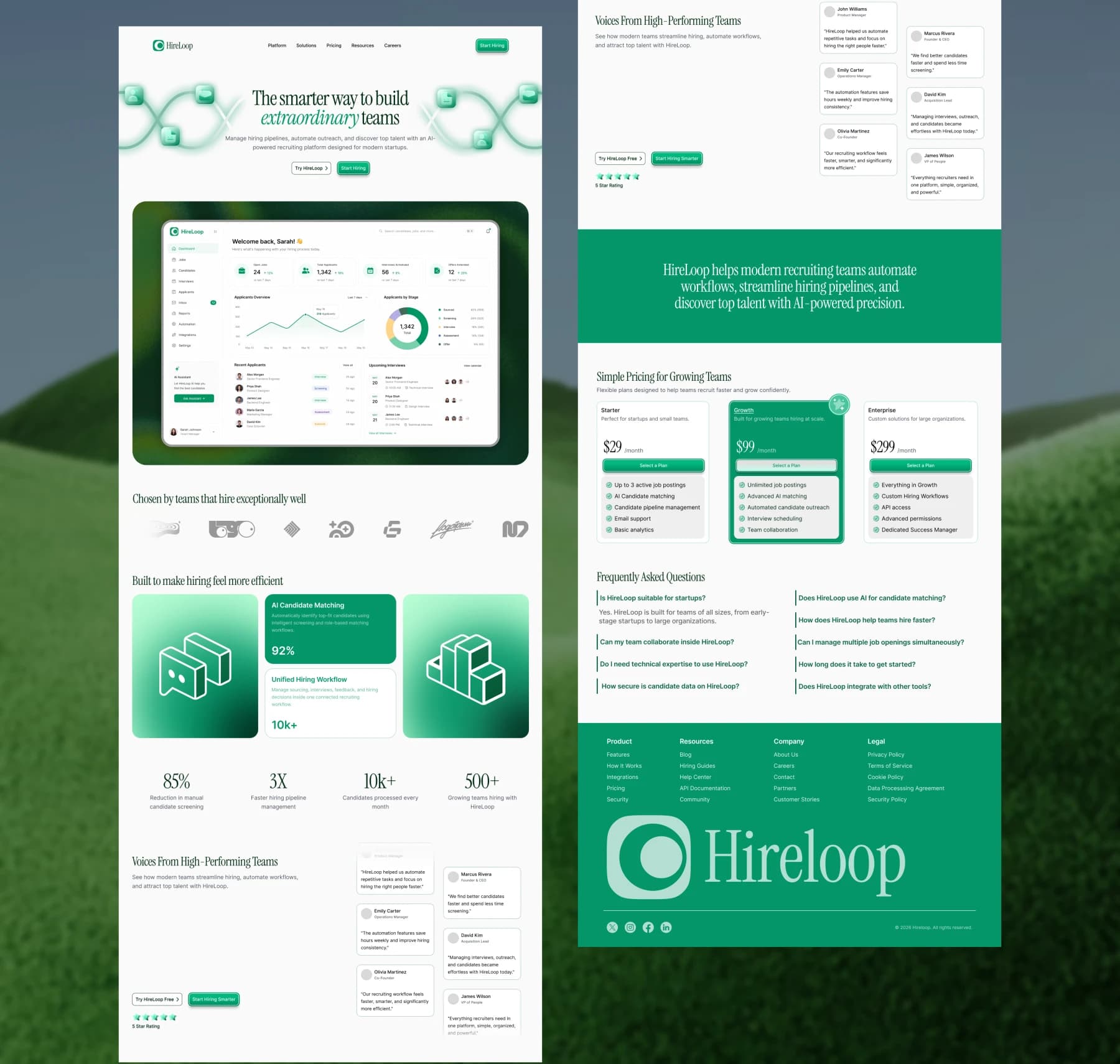 Green landing page design headlined “The smarter way to build extraordinary teams”, with a hiring dashboard, pricing and an FAQ