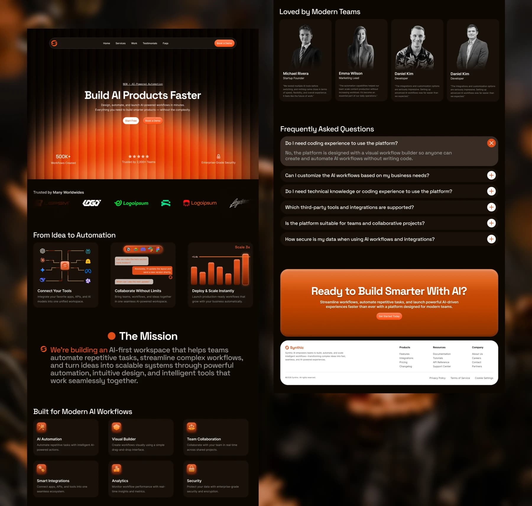 Dark landing page design with an orange glow, headlined “Build AI Products Faster”, with workflow sections, an FAQ and an orange call-to-action