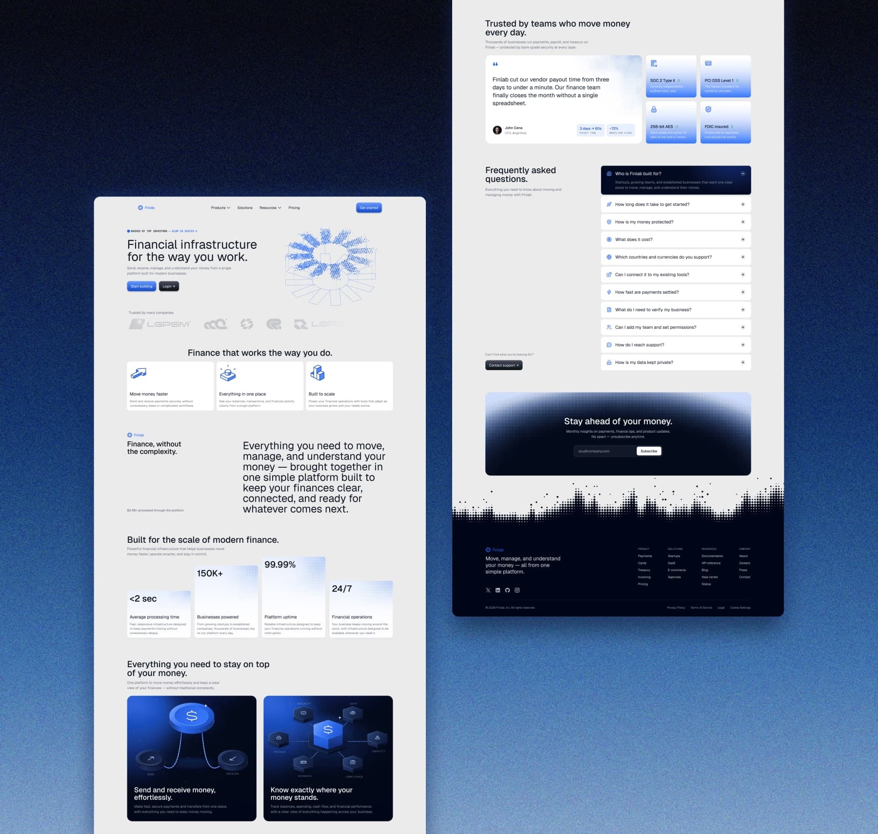 Light fintech landing page design headlined “Financial infrastructure for the way you work”, with blue accents, a stats row, isometric product cards, testimonials, an FAQ and a dark footer